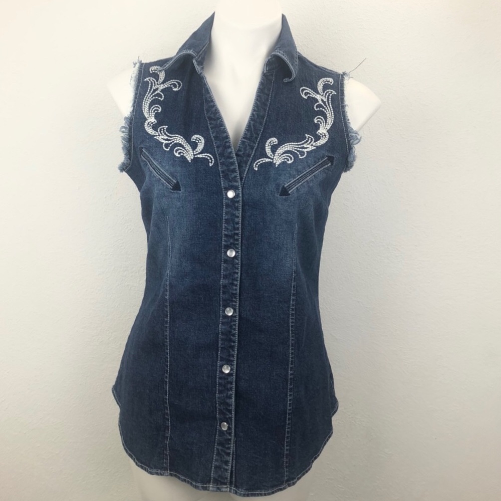 ROPER Blue Denim Western Sleeveless Embroidered Top Size S